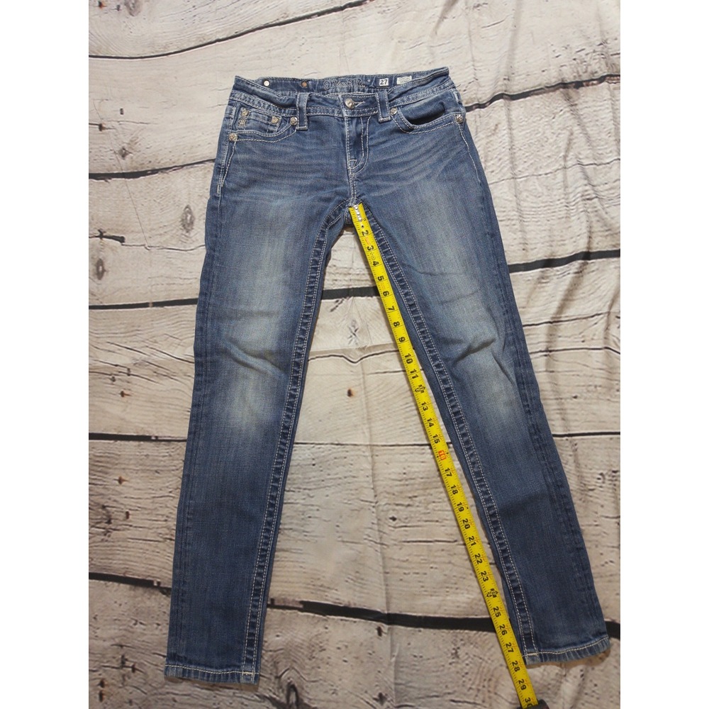Miss Me Signature Skinny Jeans Womens 27 Blue Embellished Flap Pocket Low‎ Rise - Picture 10 of 10